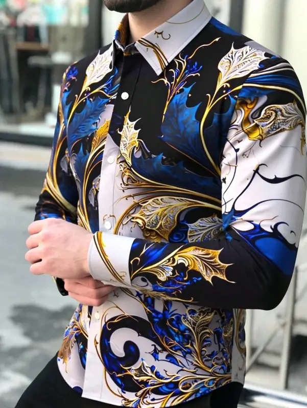 Men's Long Sleeved Floral Shirt Outdoor Fashionable Luxury Social Business Lapel Single Breasted Top - Image 10