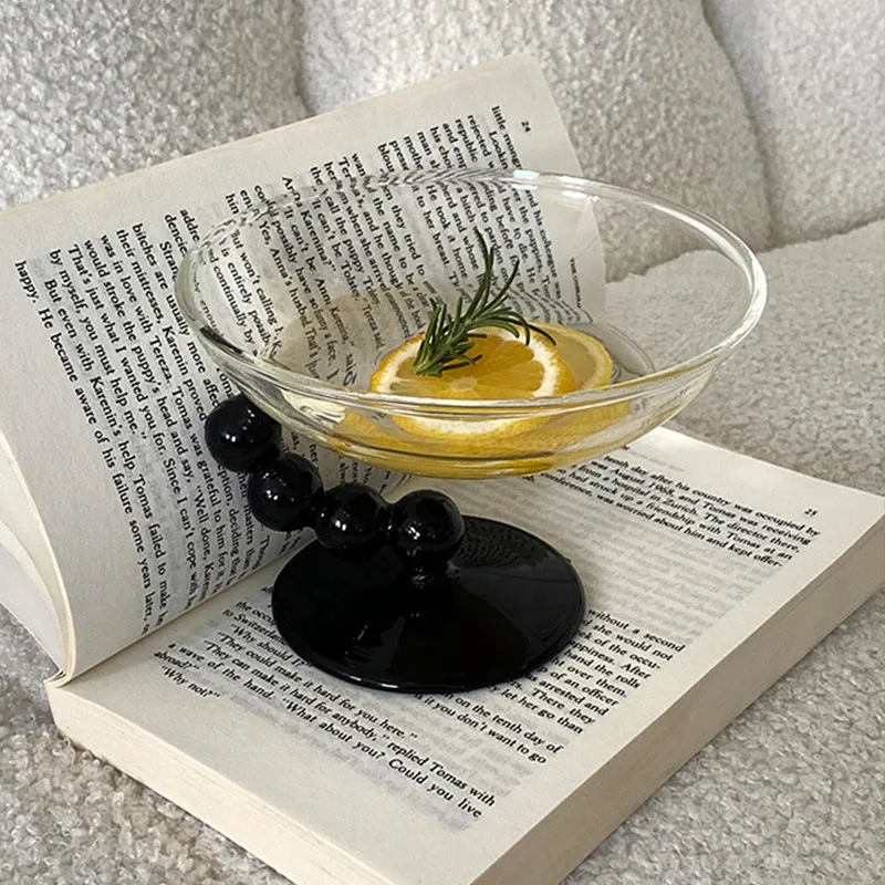 1 Piece 290ml 10oz European Style Large Glass Cake Plate Black Ball Stemmed Fruit Dessert Bowl Cocktail Glass Table Decor