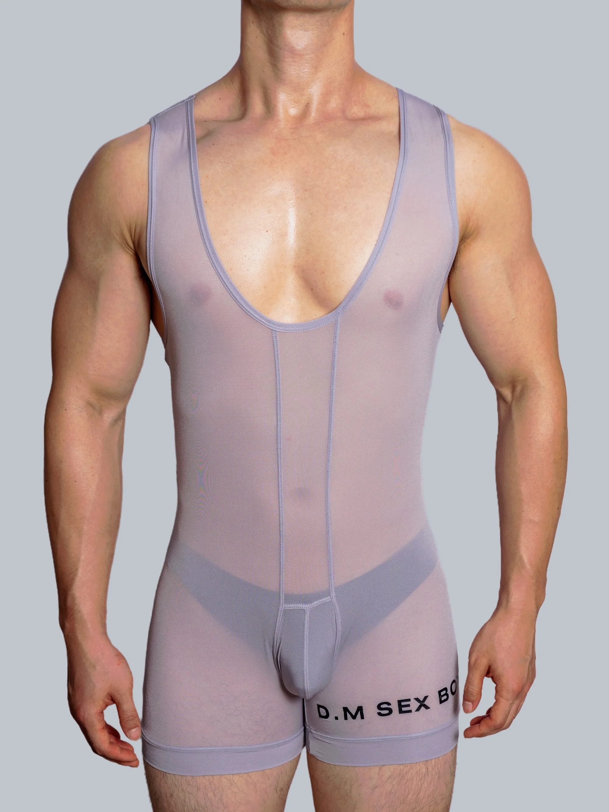 men jumpsuit thin ice silk breathable Shapewear mesh boxer pants trendy personality transparent suspenders summer