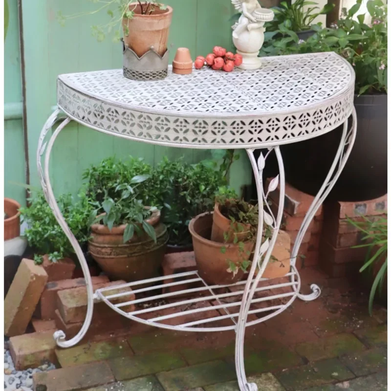 Outdoor Courtyard Flower Rack against Wall, Standing Plant Shelves, Iron Do Old Floral Table Foyer Semi-circular Storage Shelf