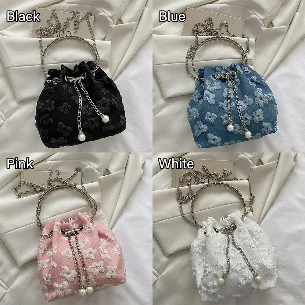 Floral Pleated Bucket Bag Women's Adjustable Chain Strap Drawstring Crossbody Shoulder Bag Multi-Way Carry Casual Purse Handbag