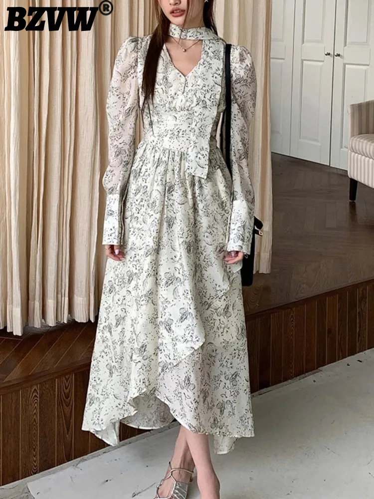 

BZVW Women Sweet Printing High Waist A-line Dresses V-Neck Lightweight Mid Length Fashion Vestidos Spring Summer 2024 25C0025