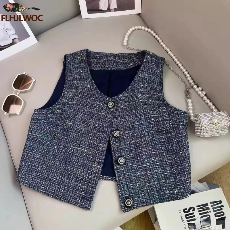 시크한 한국 디자인 하이 스트리트 여성 패션, 귀여운 우아한 오피스 레이디 단추 짧은 코트, 민소매 재킷, 한국 스타일, 2024