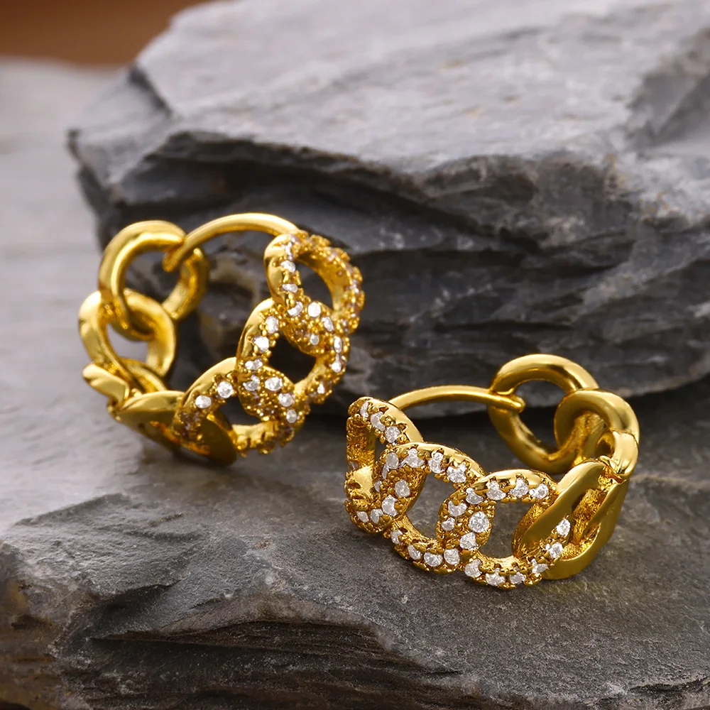 Luxury Zircon Cuba Chain Earrings Gold Color Geometric Stainless Steel