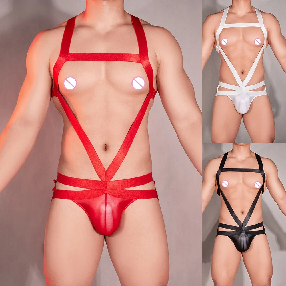 Mens Sexy Body Chest Harness Jumpsuits Underwear Oil Shiny Halter Neck Bodysuit Elastic Lingerie Backless Buttocks Gay Leoatrd