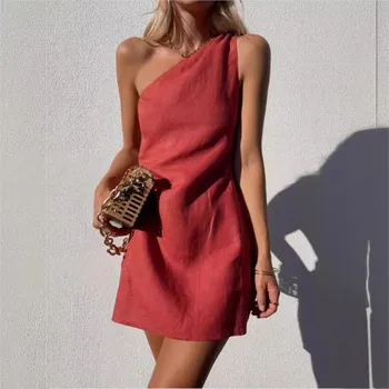 Mini abito estivo sexy da donna alla moda, monospalla, colletto diagonale asimmetrico, abito elegante allentato casual in cotone e lino 1