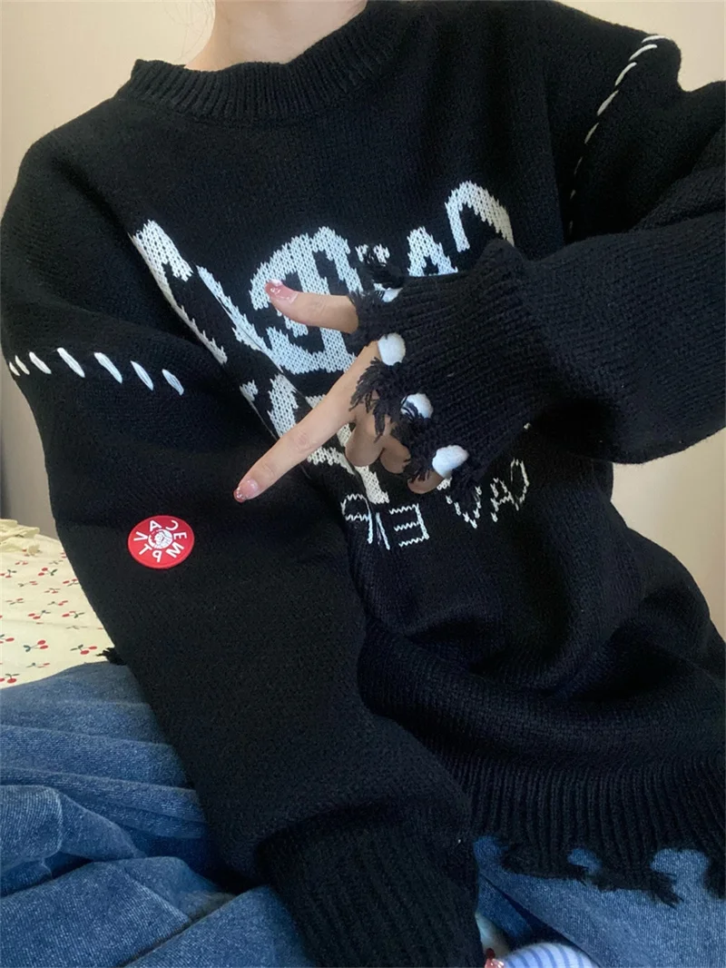 

CAVEMPT Sweater Thickened Slogan Print Ragged Loose Men's And Women's Sweaters