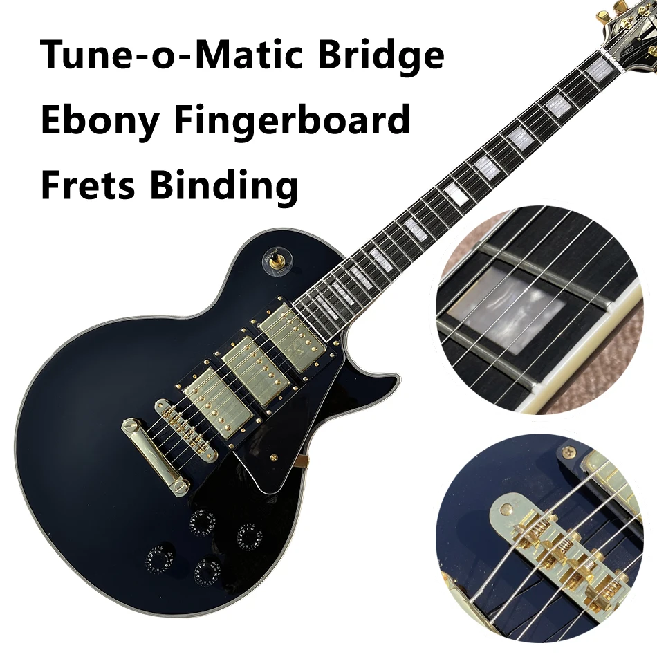 Made in China, black electric guitar, Ebony bound Tune-o-Matic Bridge, 3 pickups, gold hardware,