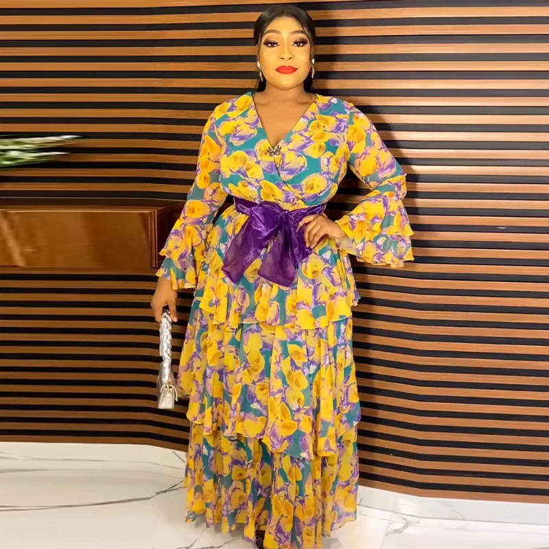 

2023 Summer Chiffon Dresses For Woman Turkey African Wedding Party Gown Dashiki Print Boho Robe Ruffle Sleeve Dress Clothing