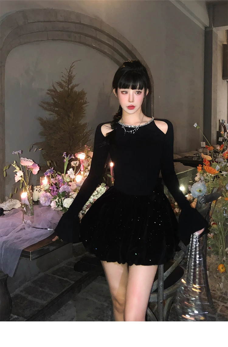 Autumn Winter Knitted Black Dresses for Women Long Sleeves High Waist A-line Birthday Party Dress Mini Vestidos Female Clothing