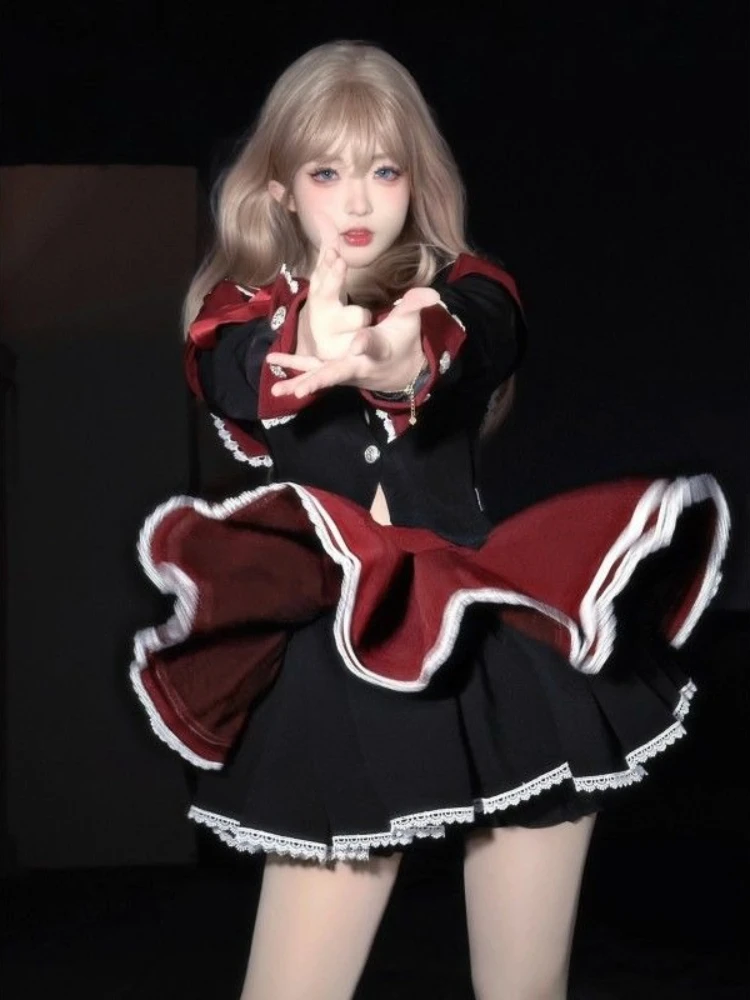 Y2k Aesthetic Preppy Style 2 Piece Set Women Kawaii Bow Long Sleeve Tops +Short Skirt Harajuku Fashion JK Uniform Sailor Outfits 3