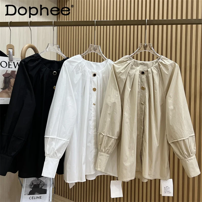 

European Style Top Blouse Three-Grain Metal Button O-Neck Pleated Special-Interest Design Simple Cotton Long Sleeve Shirt Blusas