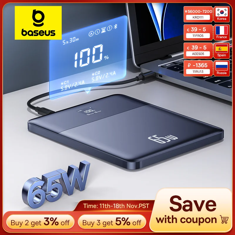Baseus Blade 2 Power Bank 65W 12000mAh PD Fast Charging Digital Remaining Battery for iPhone 16 Pro Max Notebooks Laptops power bank