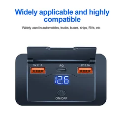 High - Speed USB Car Charger with Dual PD and QC 3.0 Ports - 108W Fast Charging Outlet with Switch & Voltmeter (2USB - PD - 3Ports)