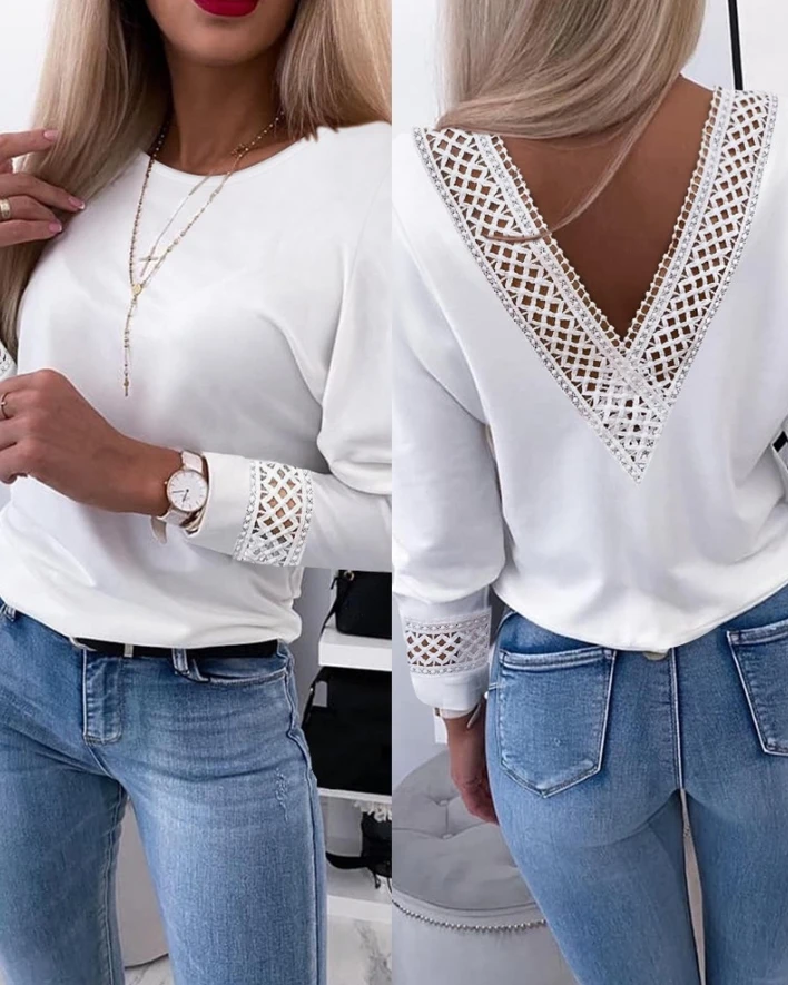 2024 Summer Women's Blouse Tops Casual Daily Round Neck Long Sleeve Argyle Pattern Contrast Lace Hollow Out Backless Tee Top