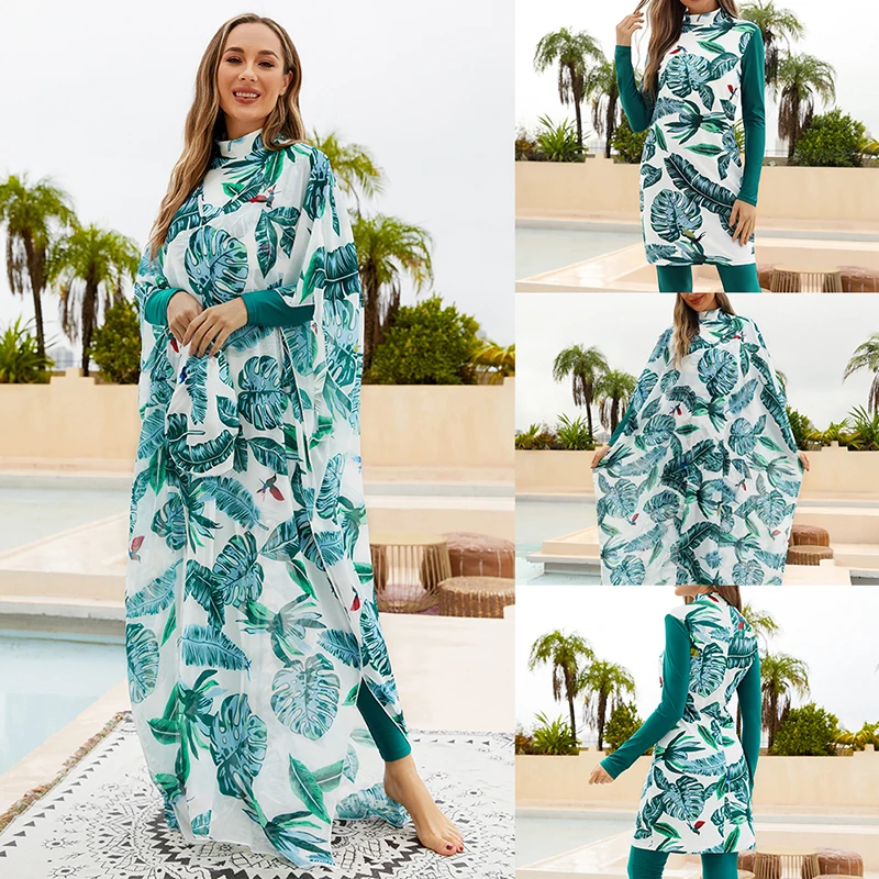 New Burkini Muslim women's swimsuit green leaf print full cover diving surf swimsuit four-piece beach sun protection swimsuit