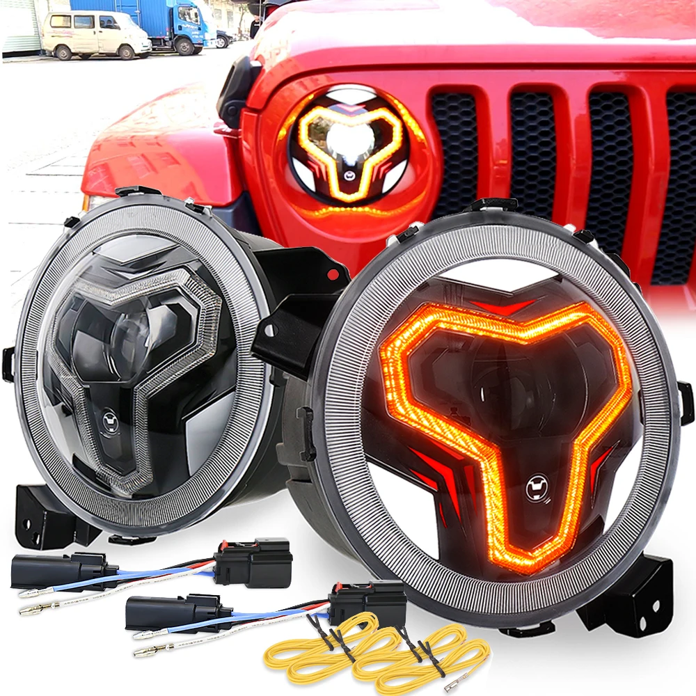 

with White DRL Amber Turn Signal 9'' Headlights Welcome Light High Low Beam LED Lamps 1 Set for Jepp -Wrangler JL JLU 2018-2021