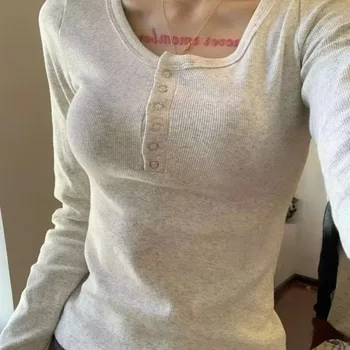 Women's Slim Fit Long Sleeve T-Shirt Ribbed Crew Neck casual bottoming shirt Solid Button up Base Shirt Regular Spring Autumn 1