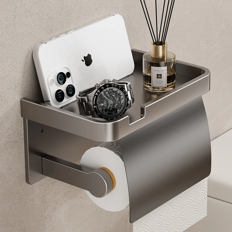 Wall Mounted Toilet Paper Holder with Storage Tray Phone Holder Aluminum Bathroom Paper Towel Holder Bathroom Accessories