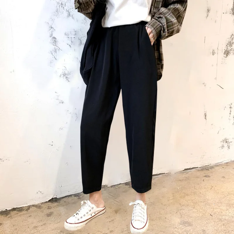 

Solid Black Pants Women Summer Comfortable Ankle-length Elegant All-match High Waist Fashion Korean Style Ulzzang Office Lady