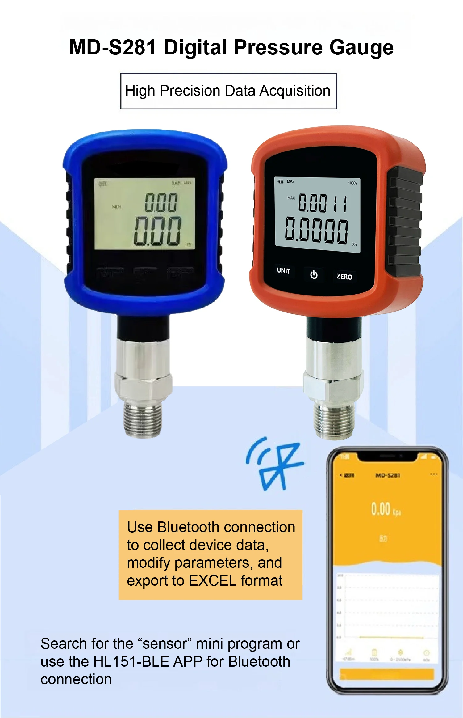 MD-S281 Digital Pressure Gauge Bluetooth with Data Logger Portable High Accuracy