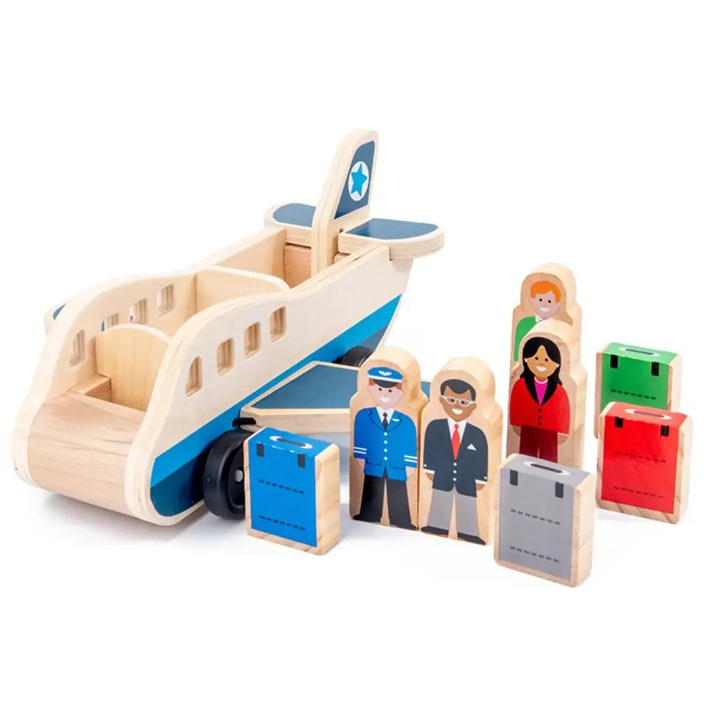 Building Blocks Wooden Passenger Plane Set Simulation Aircraft Commander Double Layer Car Model Color Cognitive Trailer