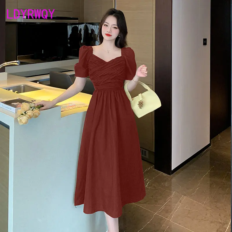 

2023 new puff sleeves vintage sense waist show thin square neck dress women's summer