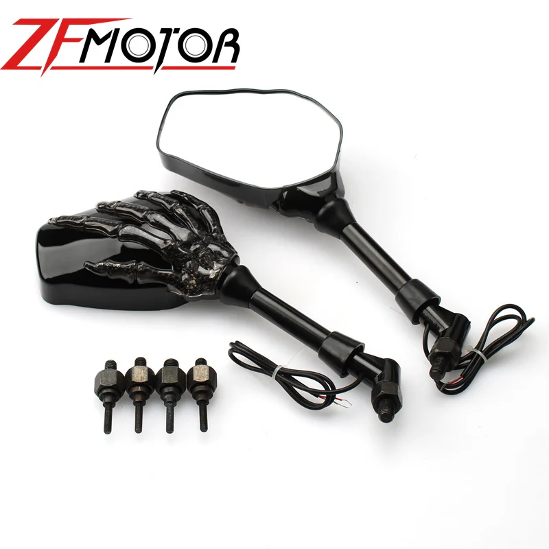 Pair Motorcycle Mirror Skeleton Skull Hand Claw Side Rear View Mirrors LED Turn Signal Light 8mm 10mm Universal front license plate bracket