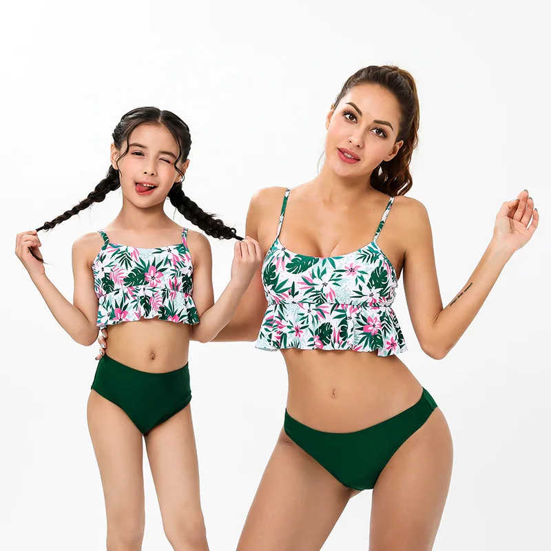 Sexy Ruffle   Cross Bandage  Bikini Set Women Swimsuit  Matching Parentage Swimwear Summer Suit Parents Children Swimming  Wear bathing suit sets