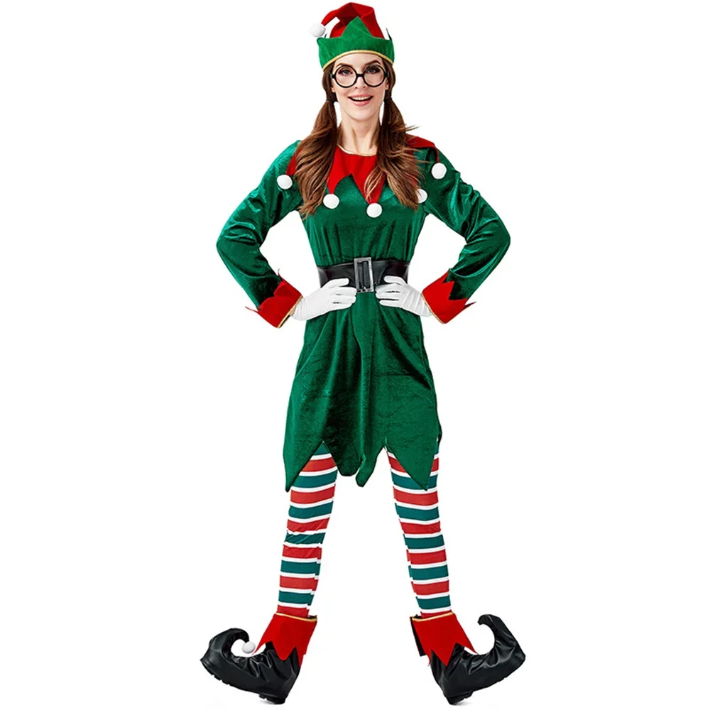 

Deluxe Women Christmas Santa Claus Costume Green Xmas Elf Cosplay Carnival New Year Party Fancy Dress Outfit