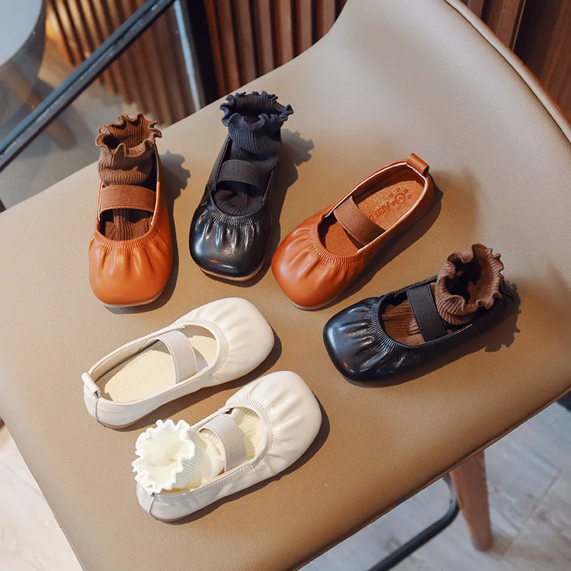 

Comfortable Flat Shoes for 2-10Years Old Kids Princess Shoes Korean version Fashion Little Girls Leather Shoes Black Brown White