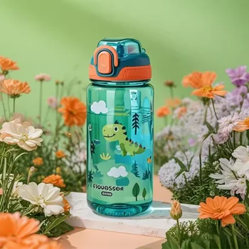 600ml Water Bottle With Silicone Straw, Portable Leakproof Bpa-free Dinosaur Rabbit Kids Cup Outdoor Camping Traveling Bottle