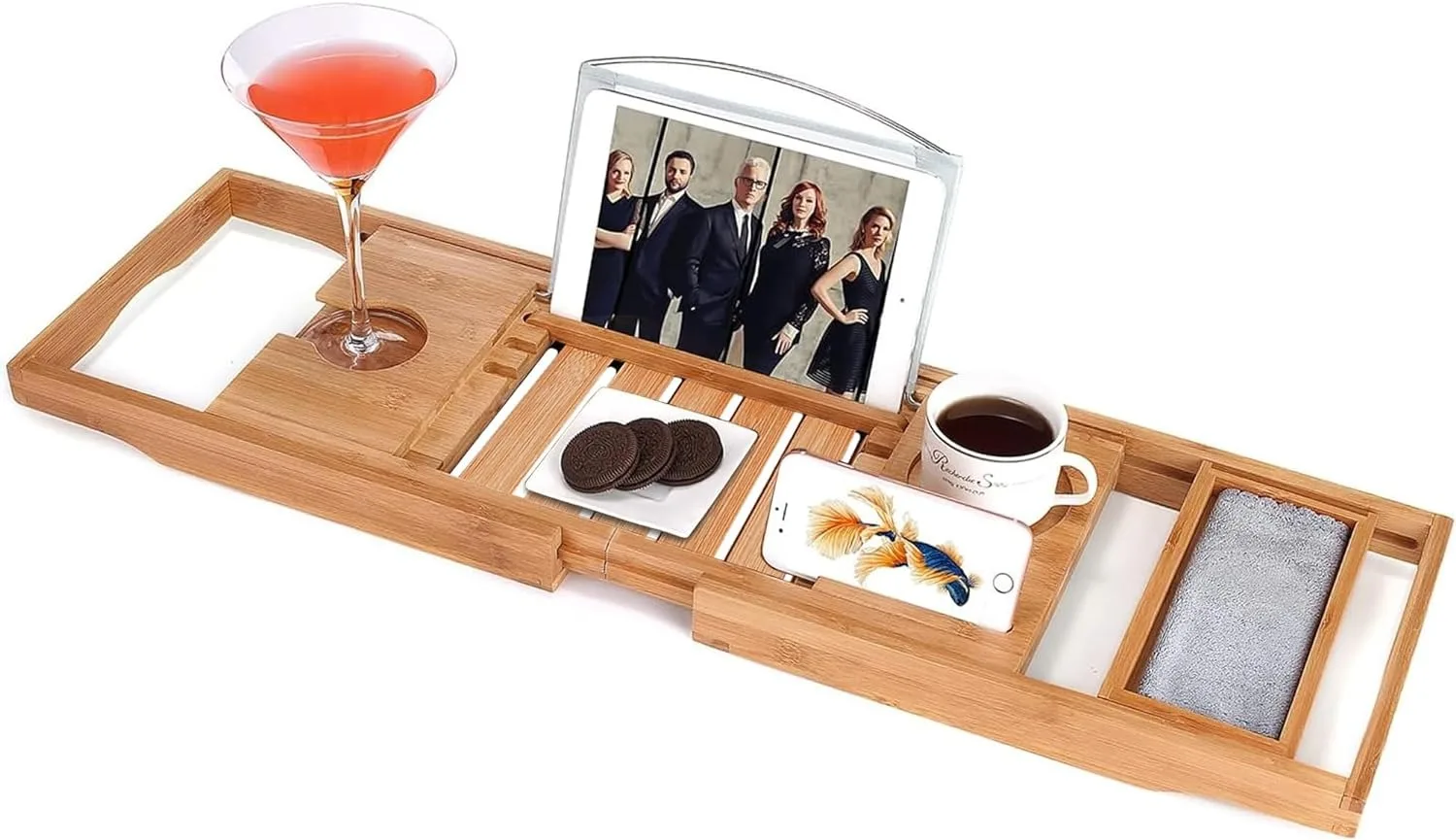 Utoplike Bamboo Bathtub Caddy Tray Bath Tray for Tub, Adjustable Bathroom Bathtub Organizer with Book Tablet Wine Glass Cup Towe
