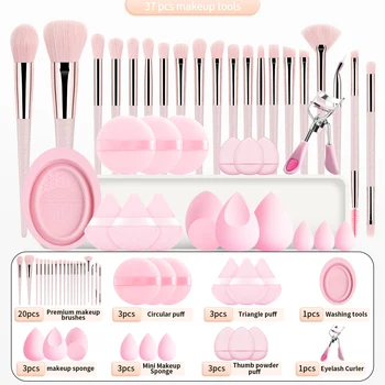 37PCS Makeup Tools Set, 20 Brushes + Sponges Puffs, Eyelash Curler, Cleaning Tool for Full Face 1