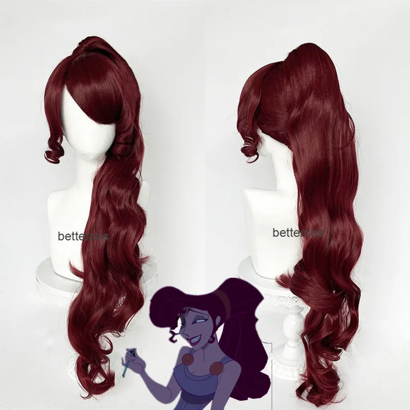 Princess Megara Cosplay Wig Meg Long Clip Ponytail Dark Wine Red Heat Resistant Synthetic Hair Anime Wigs + Wig Cap