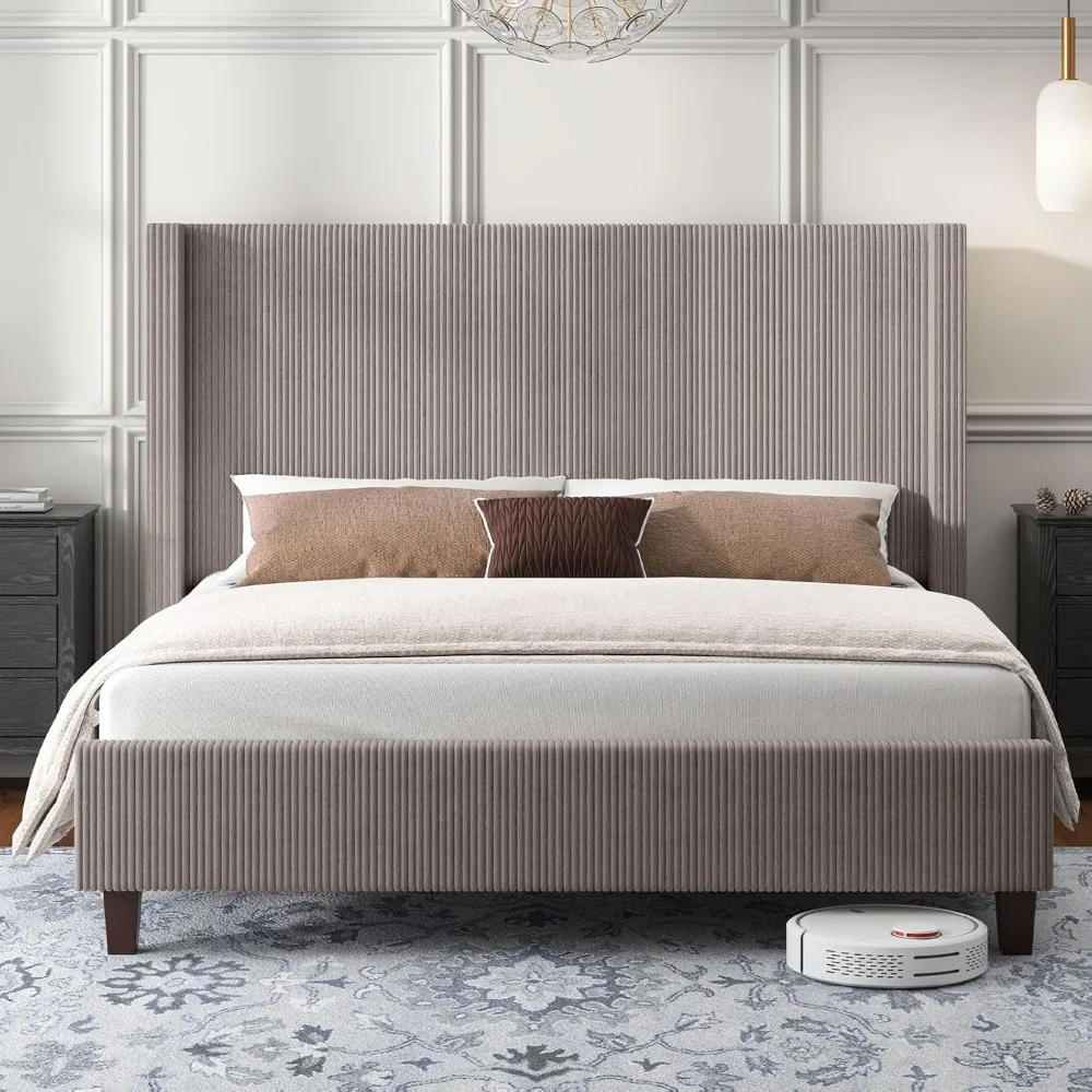 Queen Size Upholstered Platform Bed Frame, Wingback Bed with 50.8"Headboard, Corduroy,Solid Wood Leg,Noise Free,Taupe,Bed Frames 6