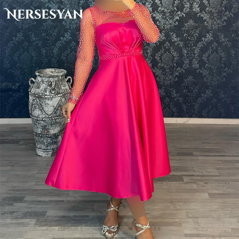 

Nersesyan Elegant Pink Satin Party Dresses Long Sleeves Pleats Formal Prom Gowns Ankle-Length A Line Draped 2023 Evening Dress