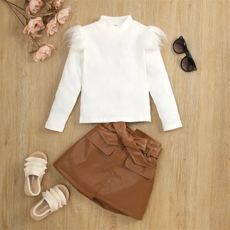 Kids Girls Autumn Clothes Set Baby Solid Color Feather Trim Long Sleeve Knit Tops + PU Leather Belted Skirt Children Outfit kids clothing set girls clothing set 1-6Y