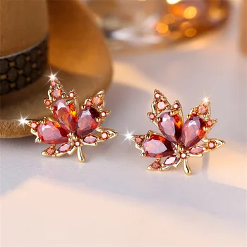 Girls Plant Maple Leaf Stud Earrings For Women Gold Color Round Pear Cut Red Zircon Charm Wedding Ear Studs Engagement Jewelry