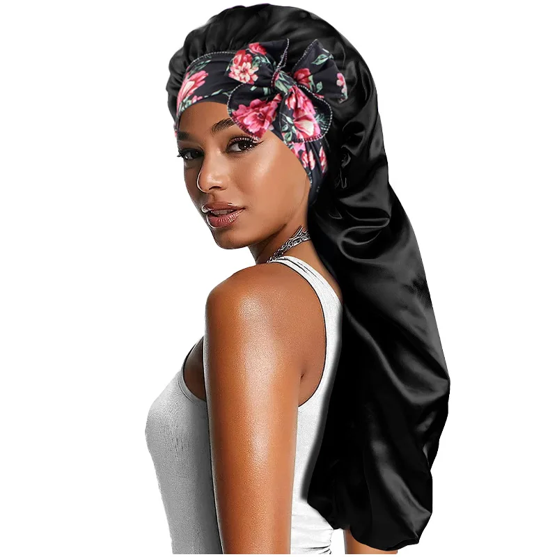 

New Long Satin Bonnets with Tie Band Silky Sleep Cap Extra Large Bonnets For Curly Hair Adjustable Silky Sleep Bonnets For Women