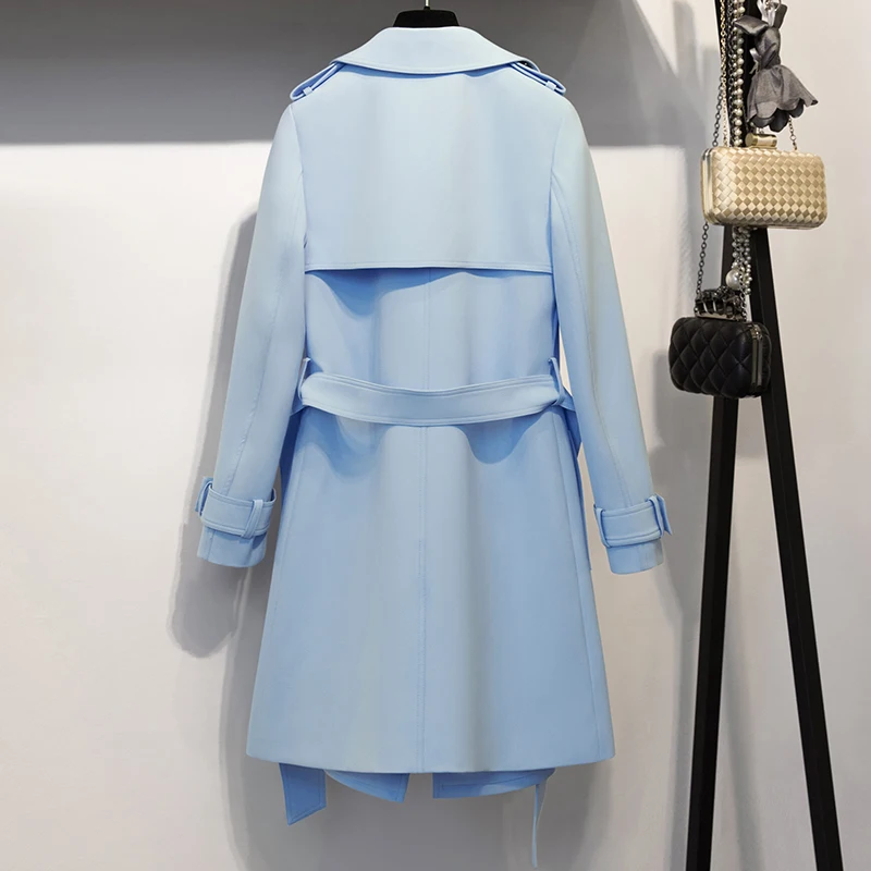 Classic Simple Elegant Trench Coat Women's Mid-Length Double Breasted 2023 Spring New Sky Blue Windbreaker Top Overcoat Outwear