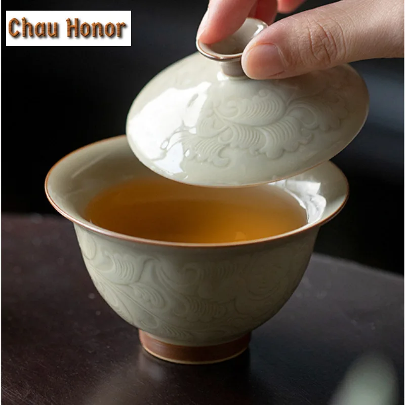 130ml Retro Honey Glaze Ceramic Tea Tureen Embossed Peony Art Tea Maker Boutique Gaiwan Household Kung Fu Tea Tools Accessories