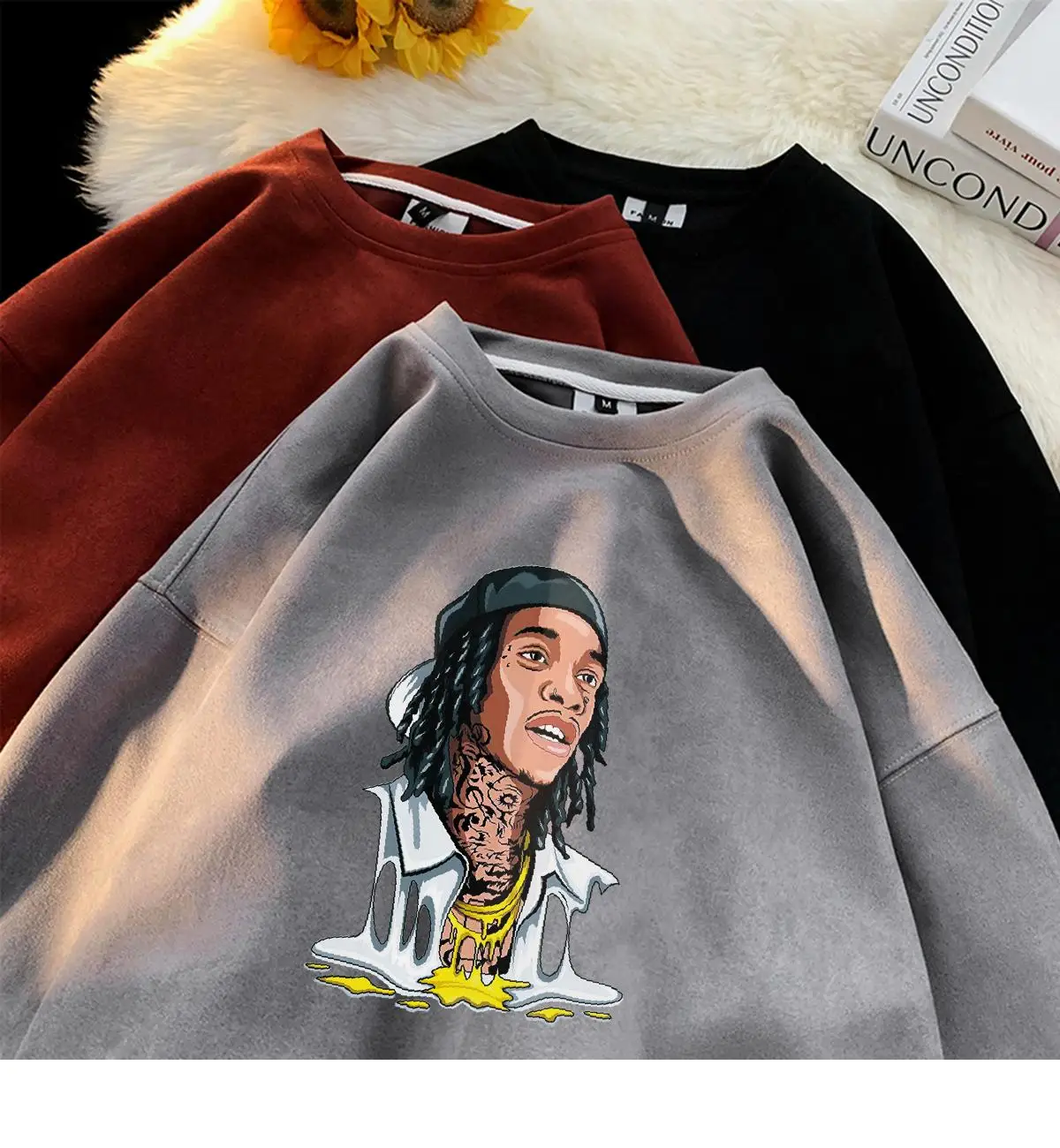 Description Picture 5 of itemOversized Tattoo Men Graphic Sweatshirt Tops Hip Hop Hoodies Pullover Suede Streetwear Male Autumn Y2K Clothing O-neck Clothes