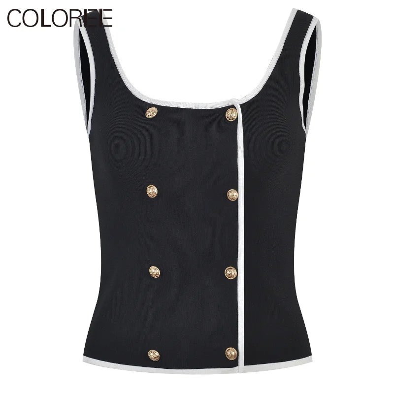 

Luxury Designer Summer Clothes for Women 2023 Elegant Gold Buttons White Black Knitted Top Mujer Korean New In Knitwears