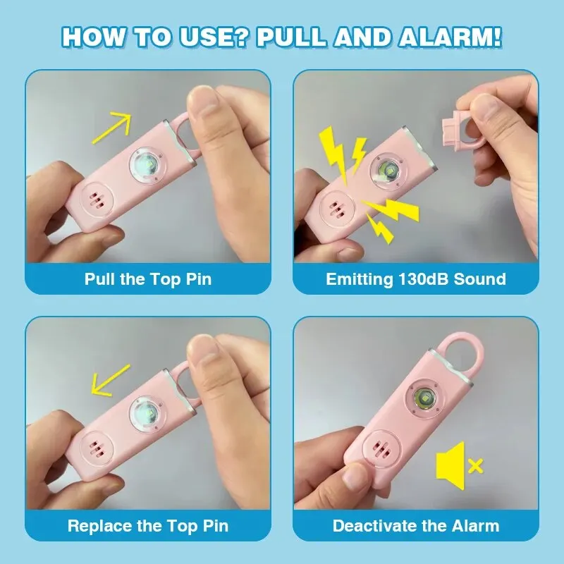 HOMEFISH Personal Safety Siren Alarm for Women 130dB Siren Strobe & Key Chain 3 Pop Colors AF2004 Anti Robbery Call for Help