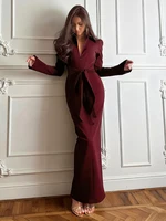 Sisterlinda Office Style Dress Women Shoulder Padded Zip Wrapped Bandage Full Sleeve Splits Elegant Solid Simple Long Bodycon - Image 2