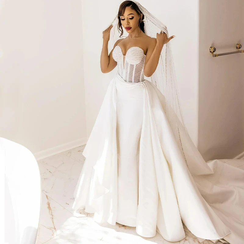 

Прекрасное Милое Свадебное Платье-Русалка со съемным шлейфом, арабское Прозрачное платье с блестками и бусинами, свадебное платье