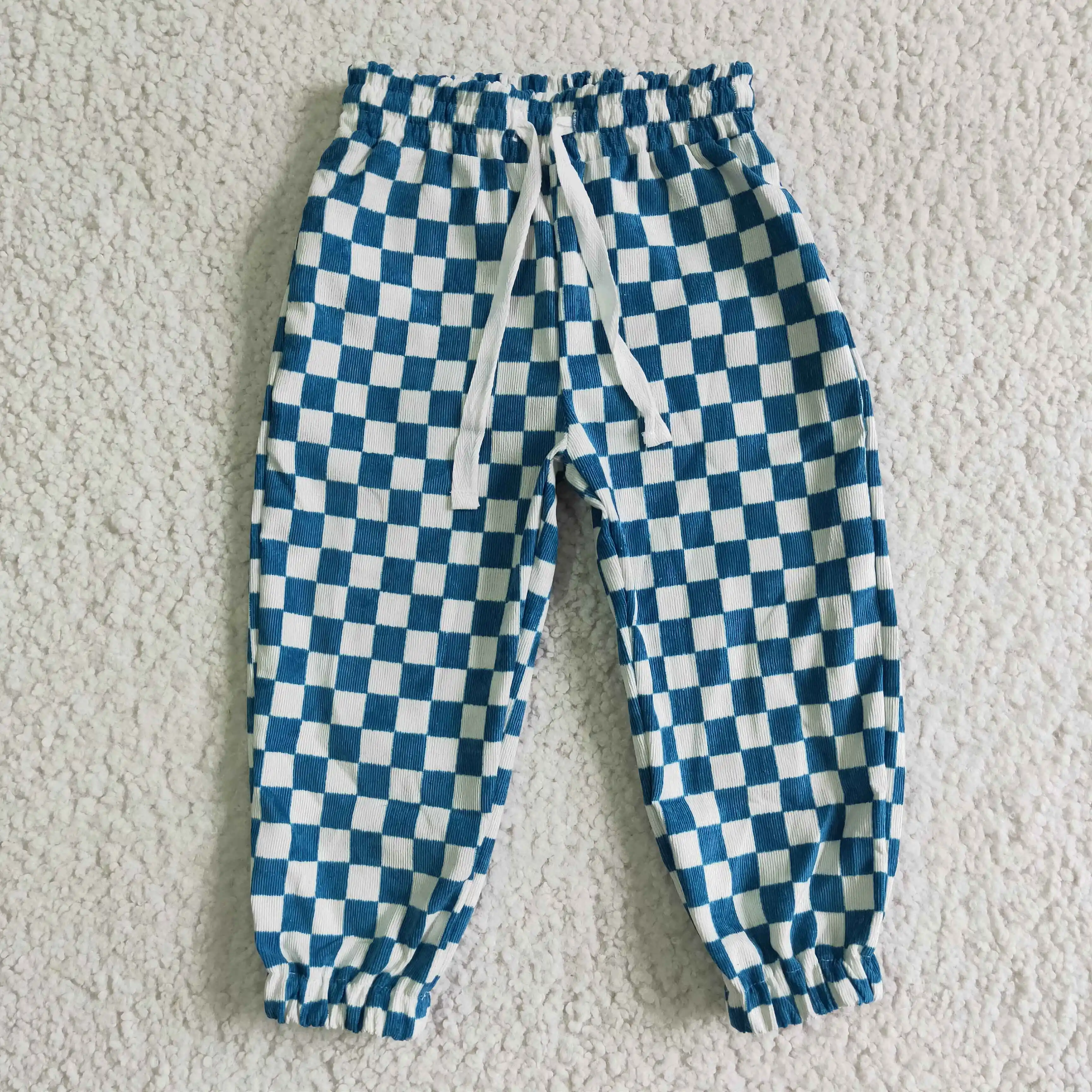 

H​ot Selling RTS NO MOQ Elastic Waist Sassy Boutique Children Blue Cotton Toddler Trousers Kids Checkered Pants