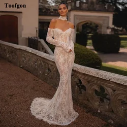 Toofgon Dleicated Lace Mermaid Formal Bride Wedding Dresses Sweetheart Long Sleves Fishtail Special Party Dress Bridal Gowns