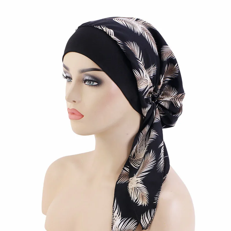 

New Women Muslim Hijab Cancer Chemo Caps Flower Print Turban Pre-Tied Hat Bonnet Hair Loss Headscarf Elastic Head Scarf Headwear